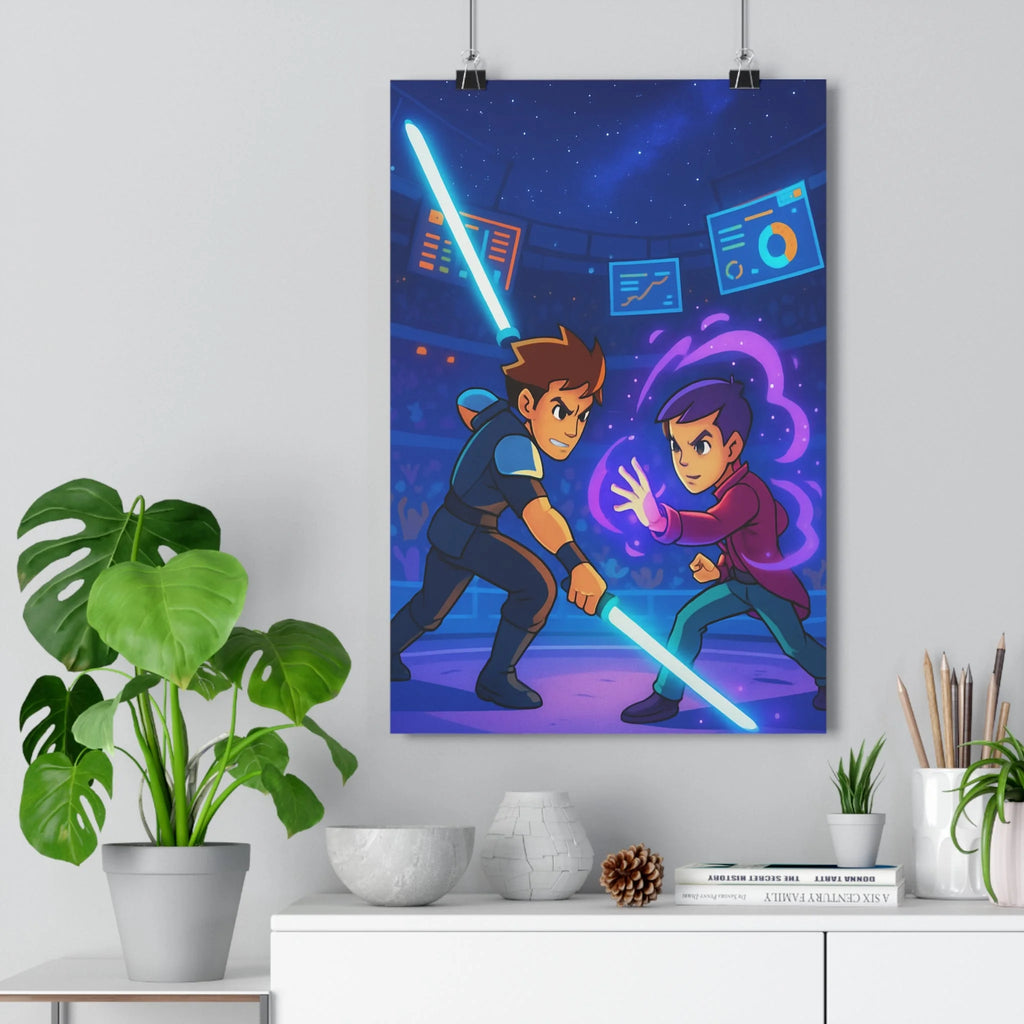 Poster décoratif animé duel futuriste bleu violet énergie épée intense chambre salon captivant qualité