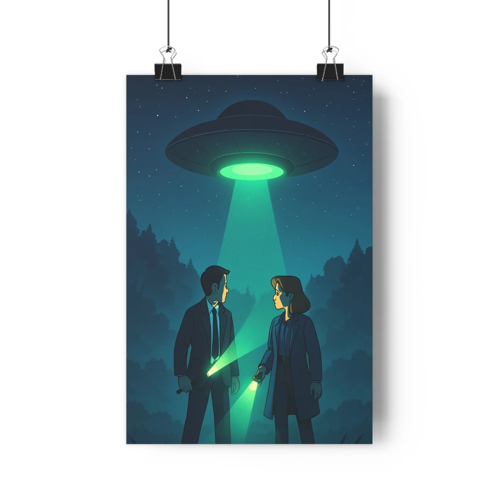 Poster décoratif cartoon bleu vert mystère aventure bureau chambre vaisseau spatial lampe personnages 30x46