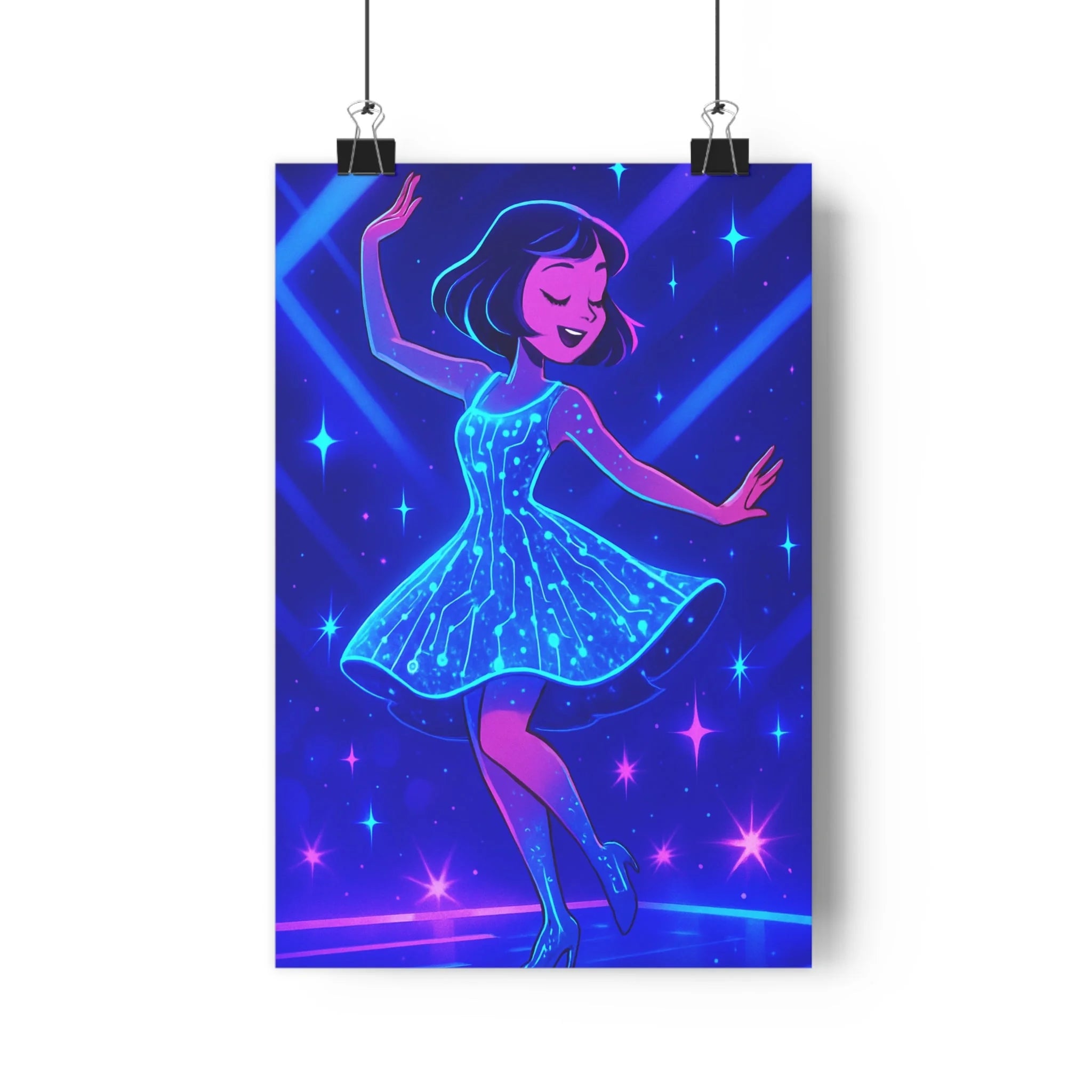 Poster décoratif danseuse électrique bleu violet cyberpunk moderne salon chambre ambiance lumineuse futuriste 30x46