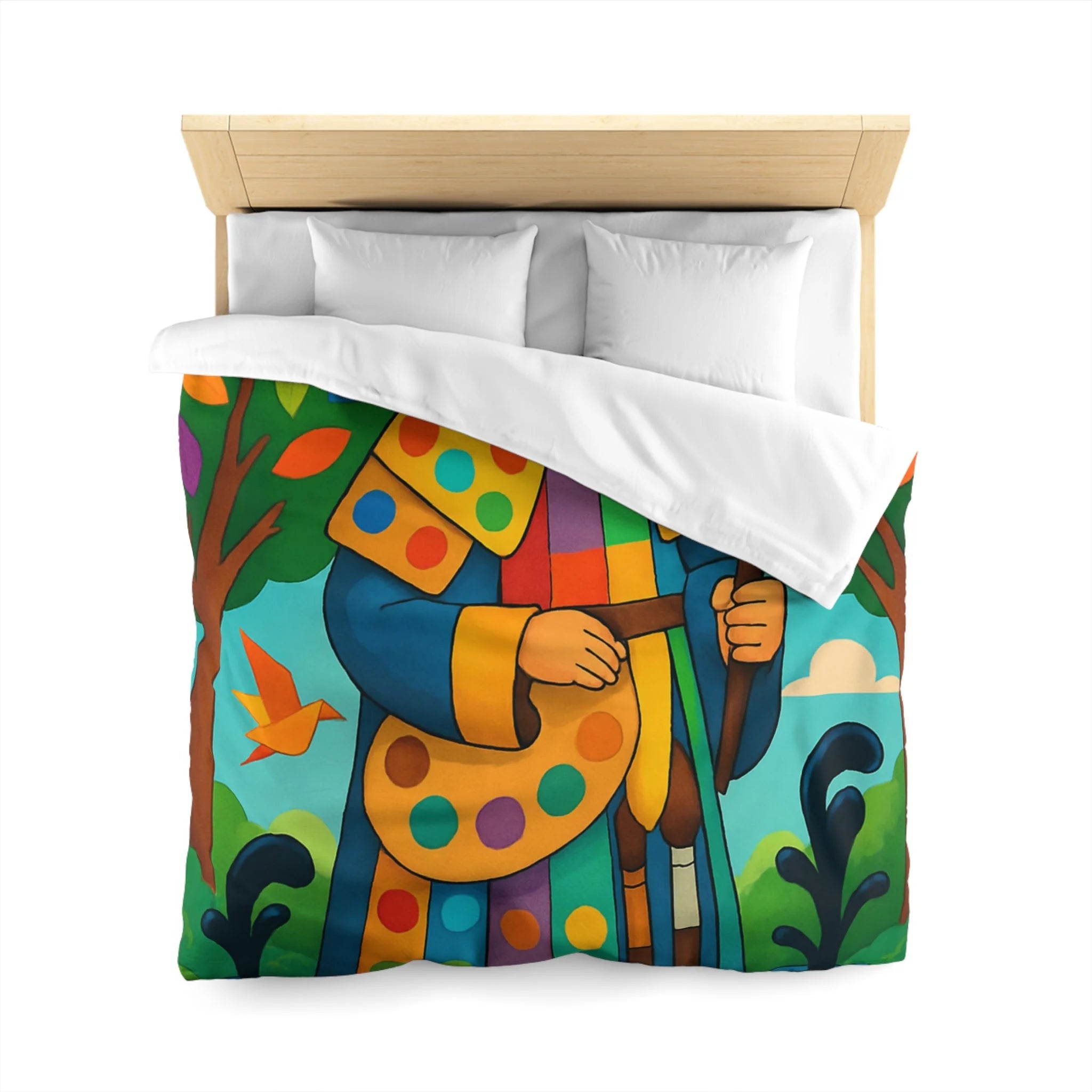 Housse de couette multicolore avec roi et oiseaux dans un jardin enchanteur