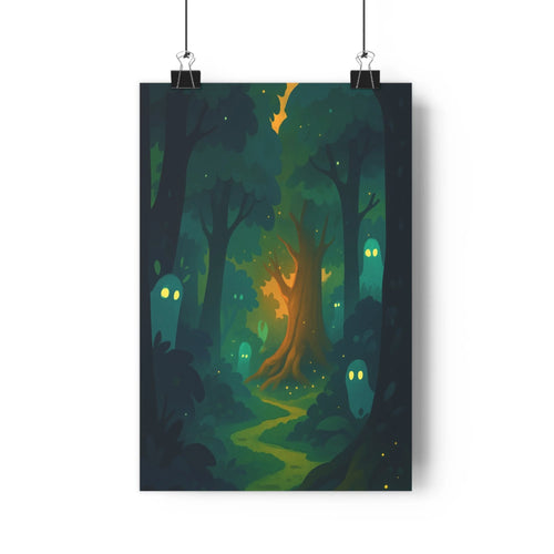 Poster forestier nuit fantômes étoiles rivière troncs sombres ambiance mystique calme arrondi moderne chambre salon