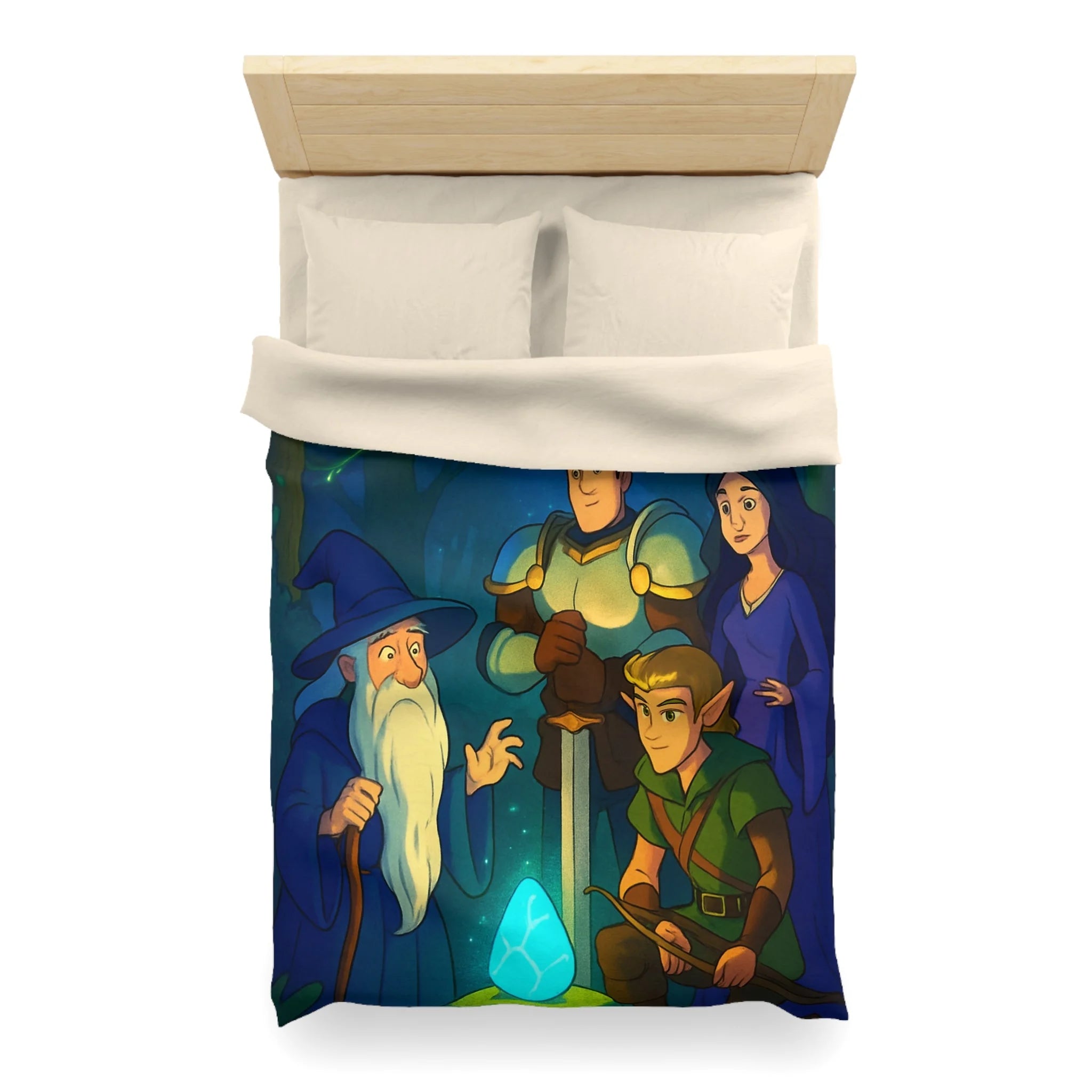Personnages de Fantasy Réunis Autour d'un Cristal Lumineux dans la Forêt Enchantée