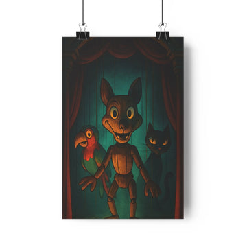Poster mystère oie perroquet chat noir rideau vert plis théâtre ambiance intrigante lumière tamisée ombre contraste chromatique réalisme