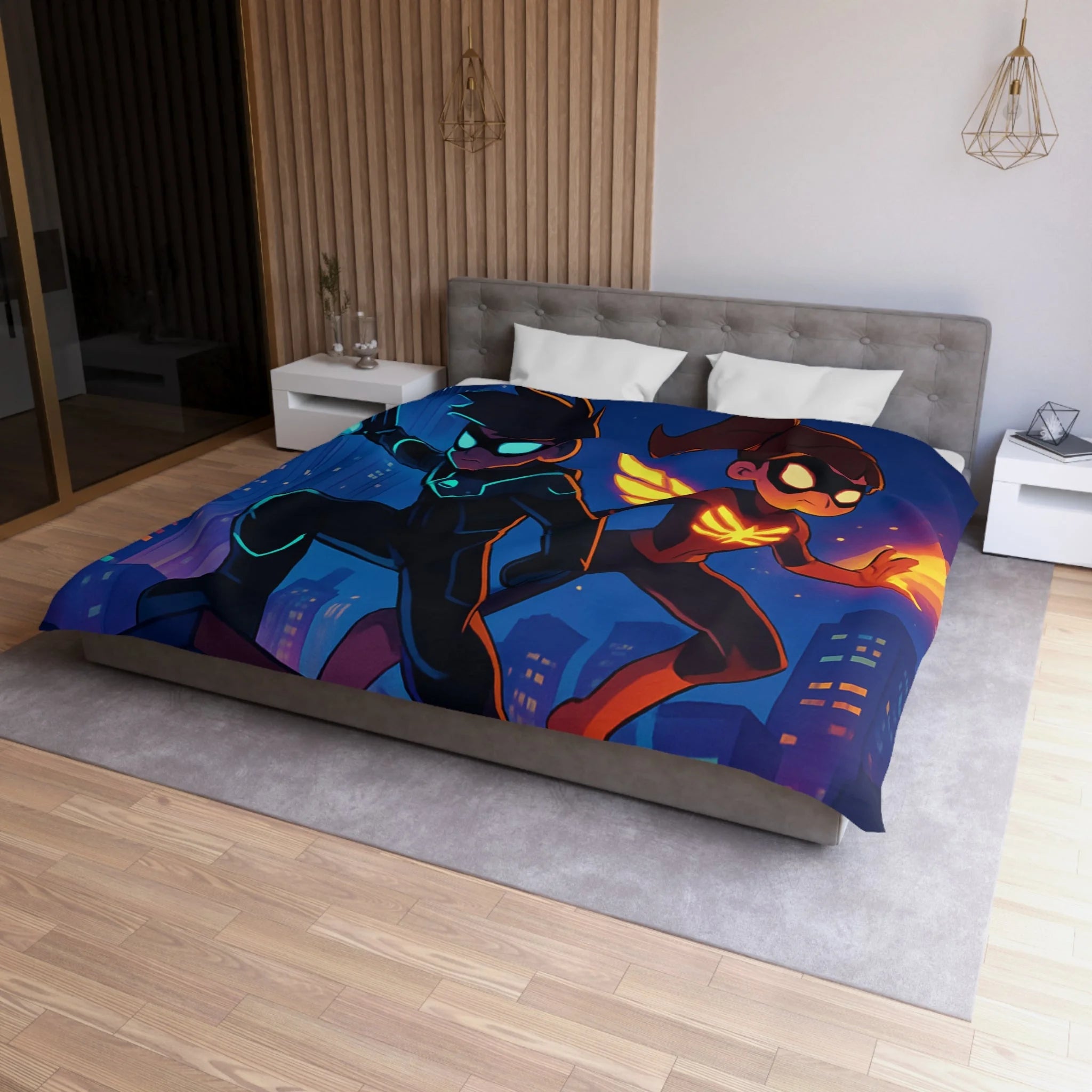 Housse de couette super-héros urbain : ambiance dynamique, couleurs vives, motifs modernes et audacieux