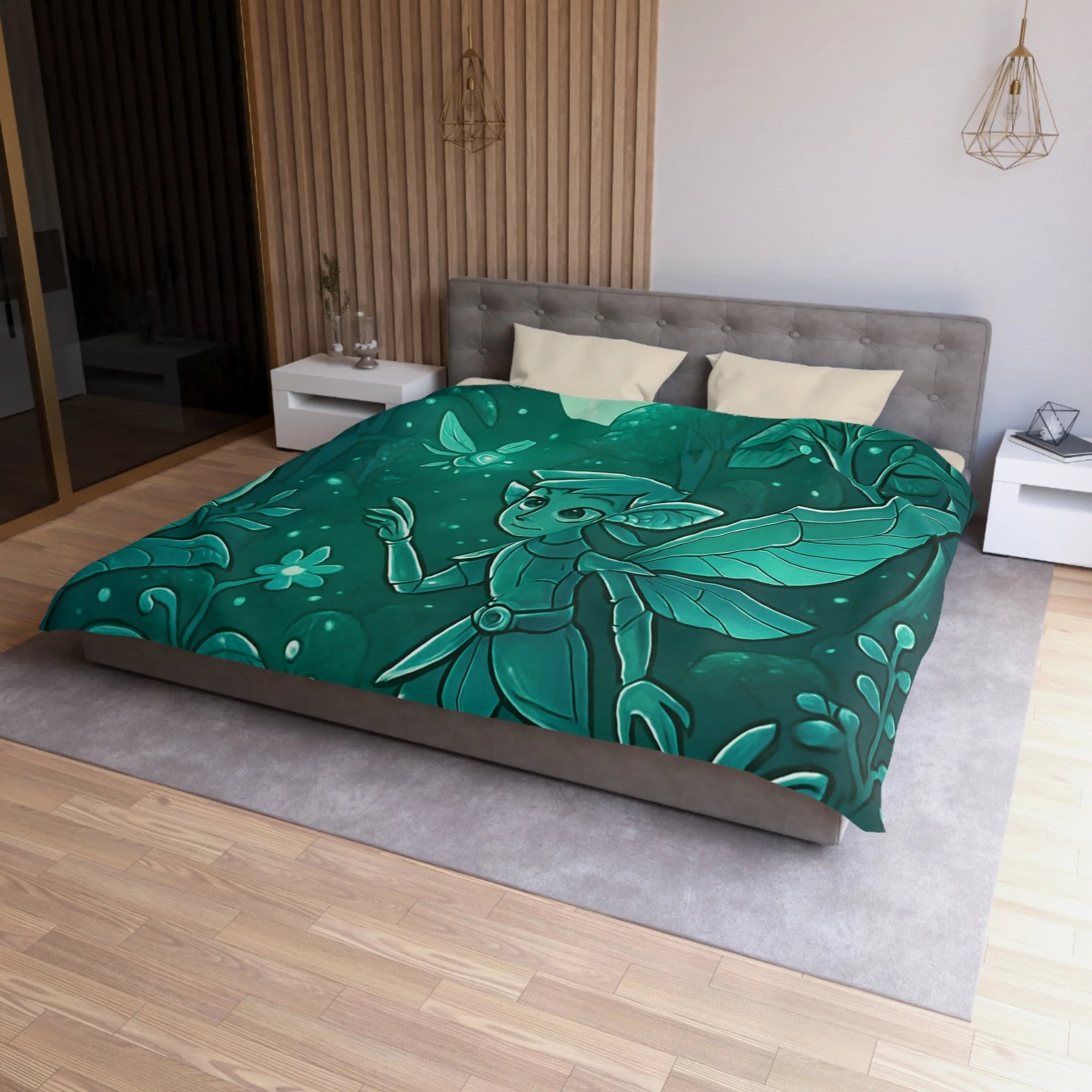 Housse de couette verte magique avec fée, papillon et forêt enchantée, ambiance nocturne