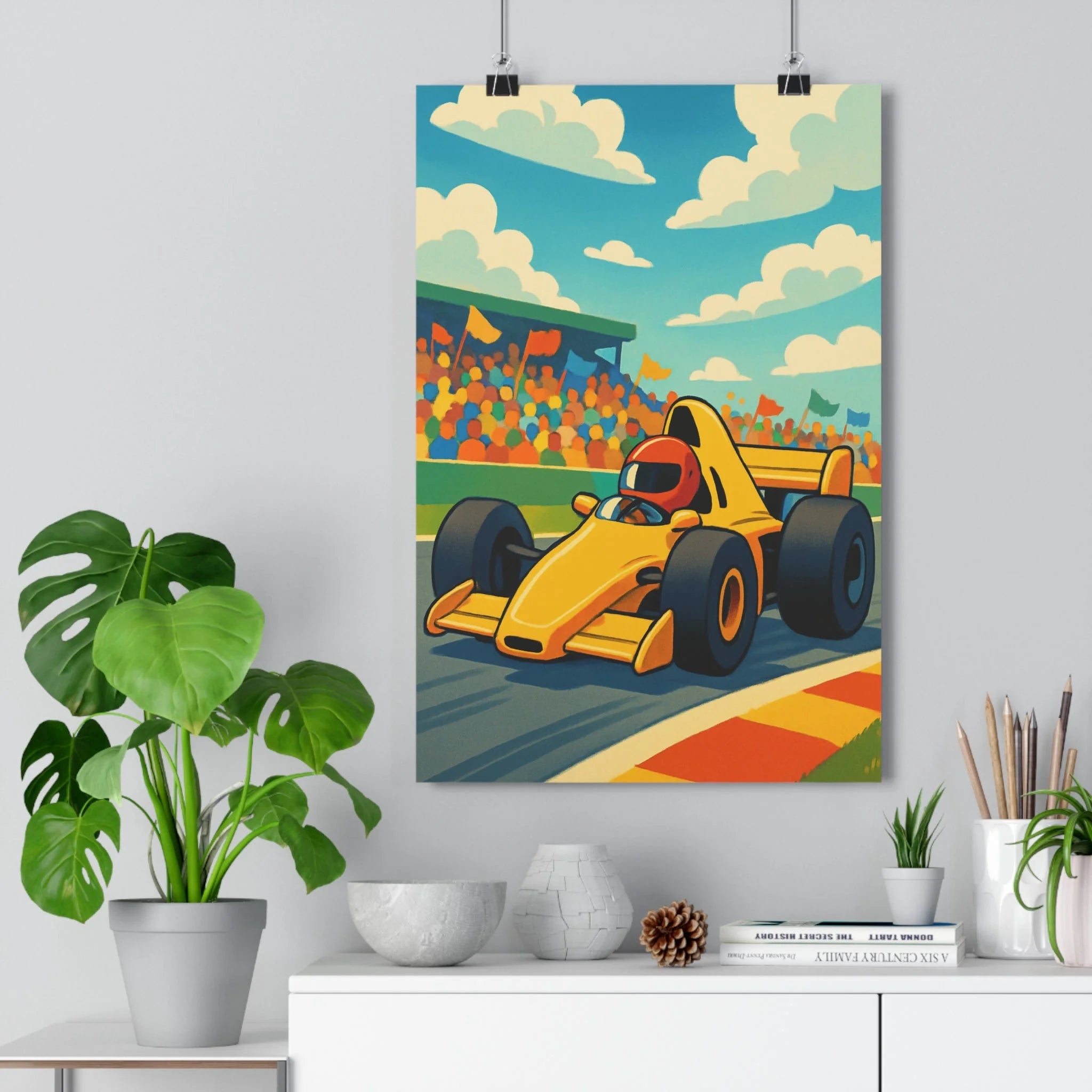 Poster décoratif voiture course jaune rétro cartoon dynamique joyeux salon bureau vibrant art coloré