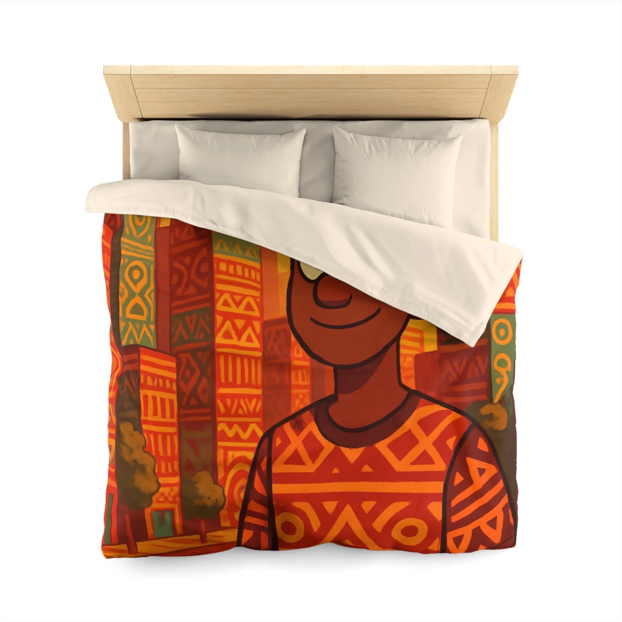 Housse de Couette Personnage Souriant avec Motifs Géométriques et Gratte-Ciel Colorés