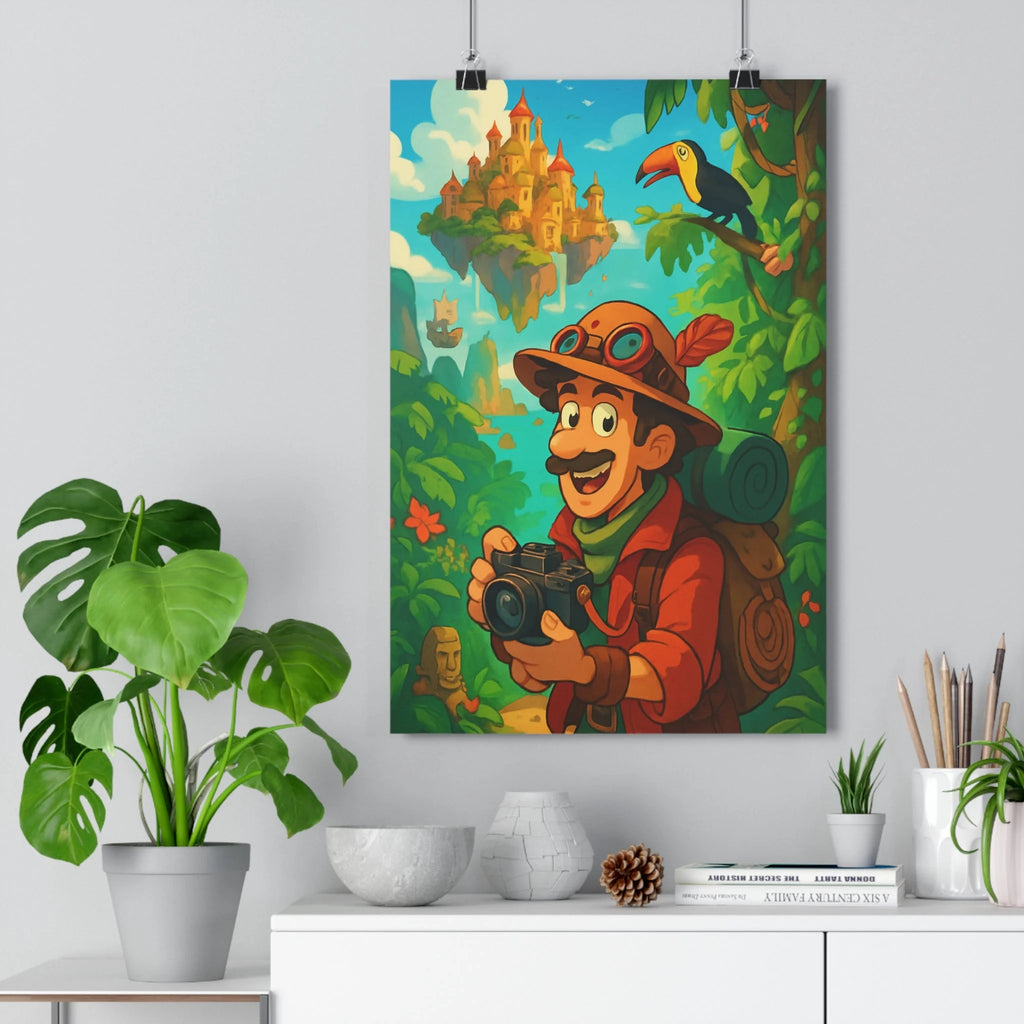 Poster décoratif aventurier jungle luxuriante cartoon vibrant vert bleu orange chambre enfant qualité premium