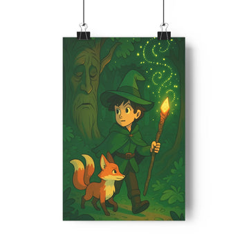 Poster mystique sorcier baguette forêt dense arbres feuilles renard queue rayée plantes luxuriantes lumière douce ambiance enchantée chambre verte rouge