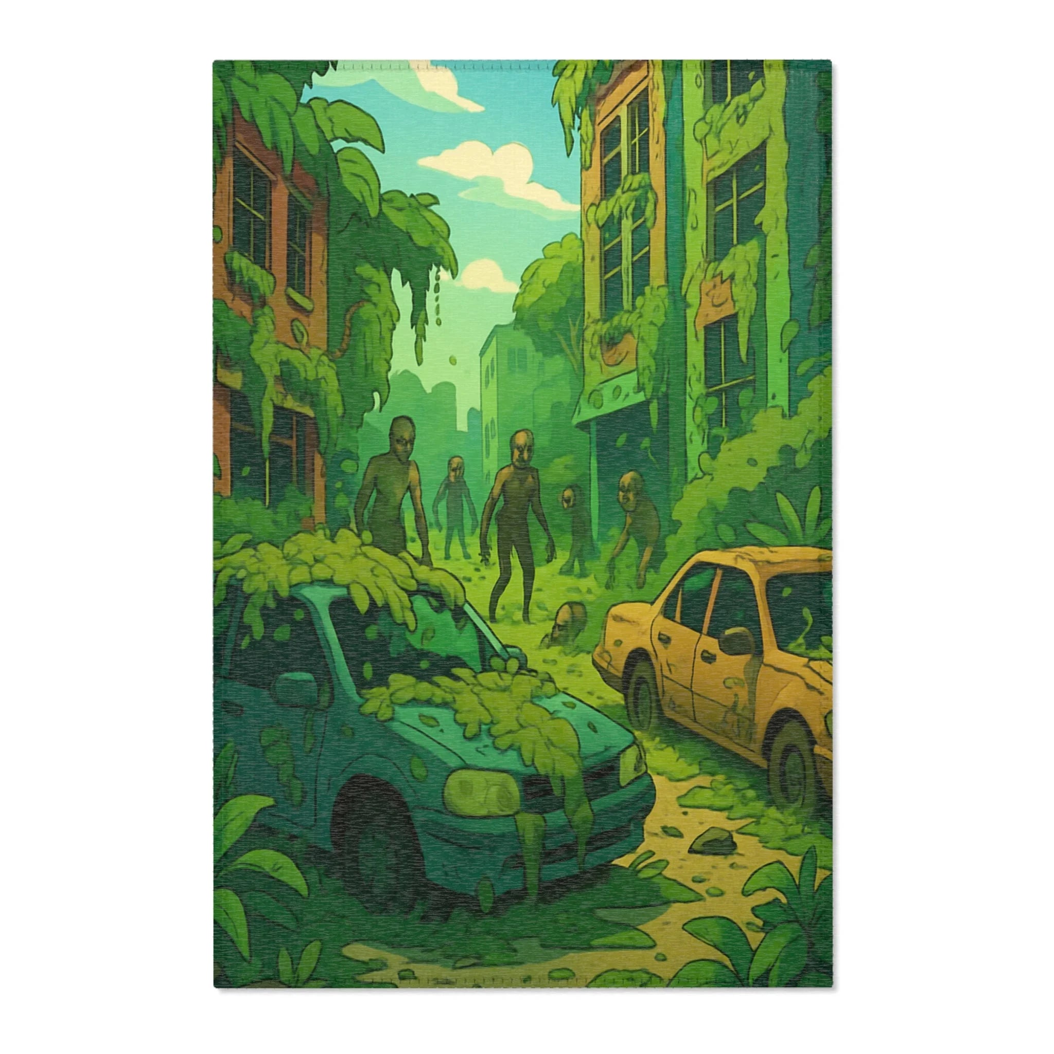 Tapis Décoratif Vert Nature Apocalyptique avec Motifs de Ville Abandonnée et Végétation Luxuriante