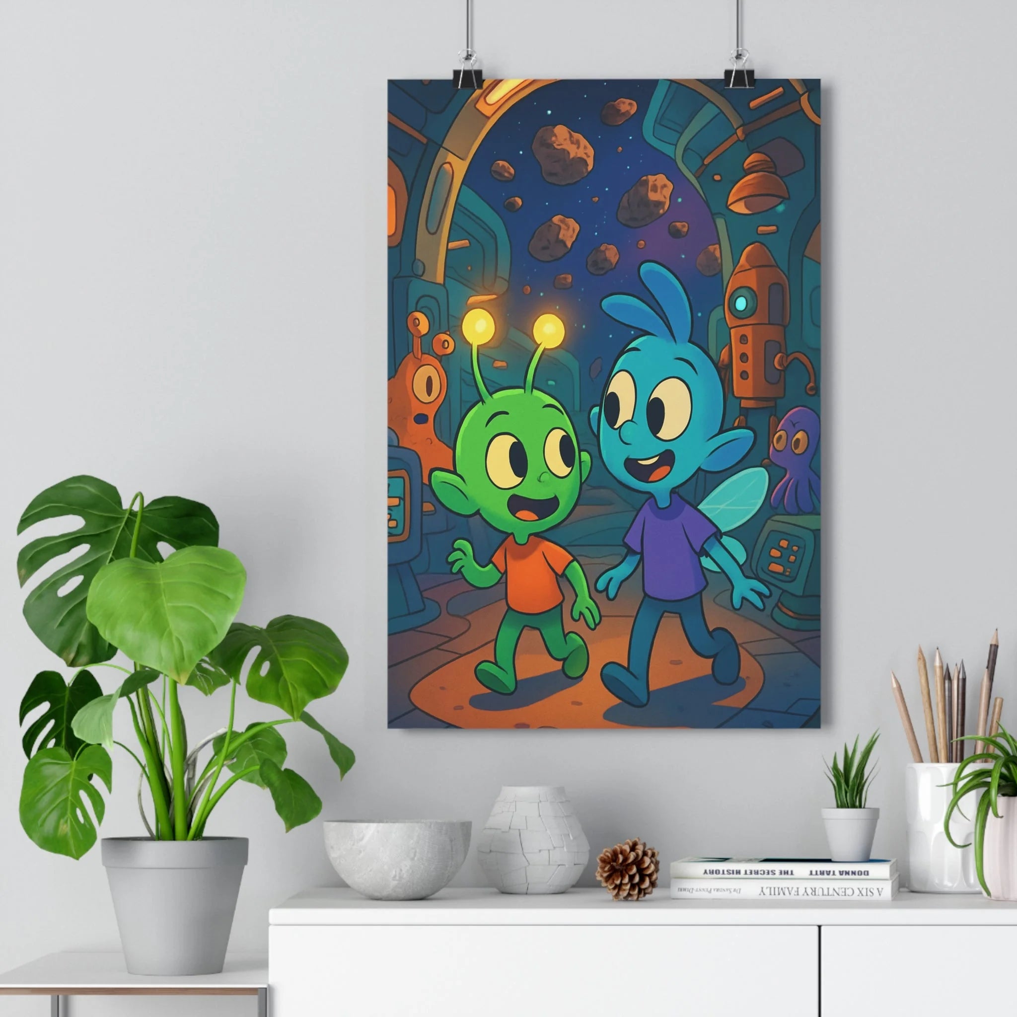 Poster décoratif coloré cartoon extraterrestre aventure alien vert bleu chambre enfant joyeux futuriste étoilé