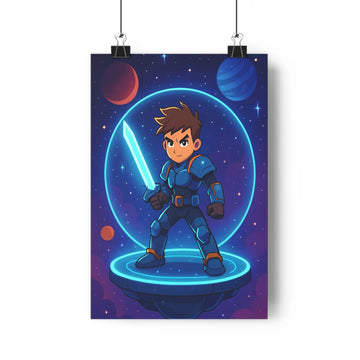 Poster futuriste gladiateur épée lumineuse ciel étoilé planètes bleues rouges costume bleu détails dorés style cartoon vibrant ambiance cosmique chambre