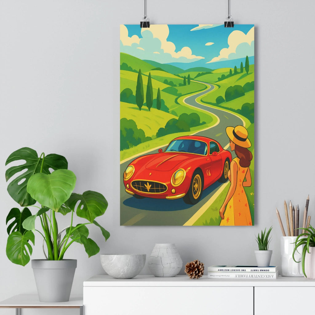 Poster décoratif voiture rouge romantique verdoyant dessin animé joyeux salon moderne dynamique style paysage