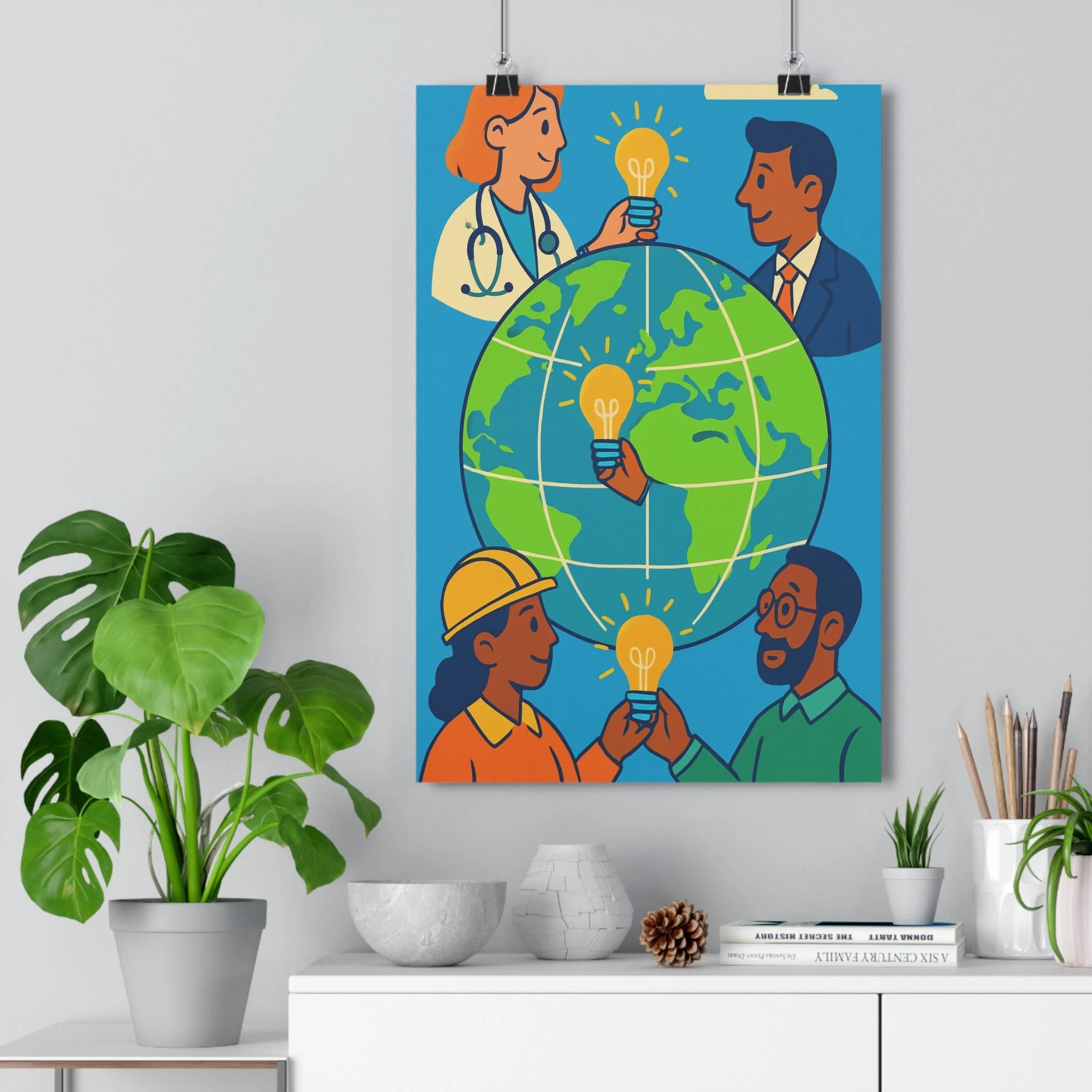 Poster décoratif cartoon globe lumineux bleu vert orange salon bureau dynamique collaboration universel unique