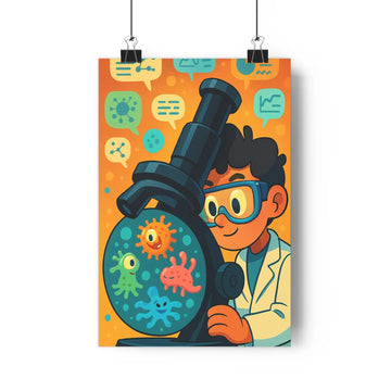Poster scientifique microscope orange bleu cartoon vibrant bulles dialogues symbols éducatif décor livre plante.console Blanc