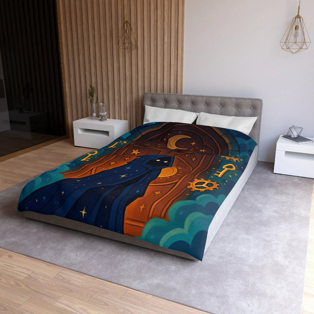 Housse de couette mystique avec capuche étoilée, porte magique et clés dorées