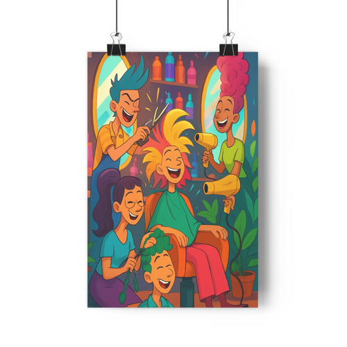 Poster salon coiffure cheveux jaunes pinces épilation plantes mur bleu femmes sourires ambiance joyeuse style cartoon contours nets ombres douces