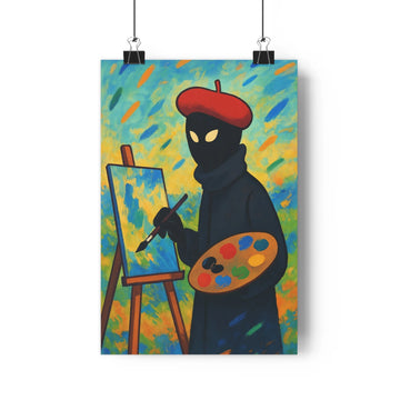 Poster artiste masque béret palette peinture chevalet couleurs vives bleu vert orange textures modernes contours nets détails simples ambiance créative