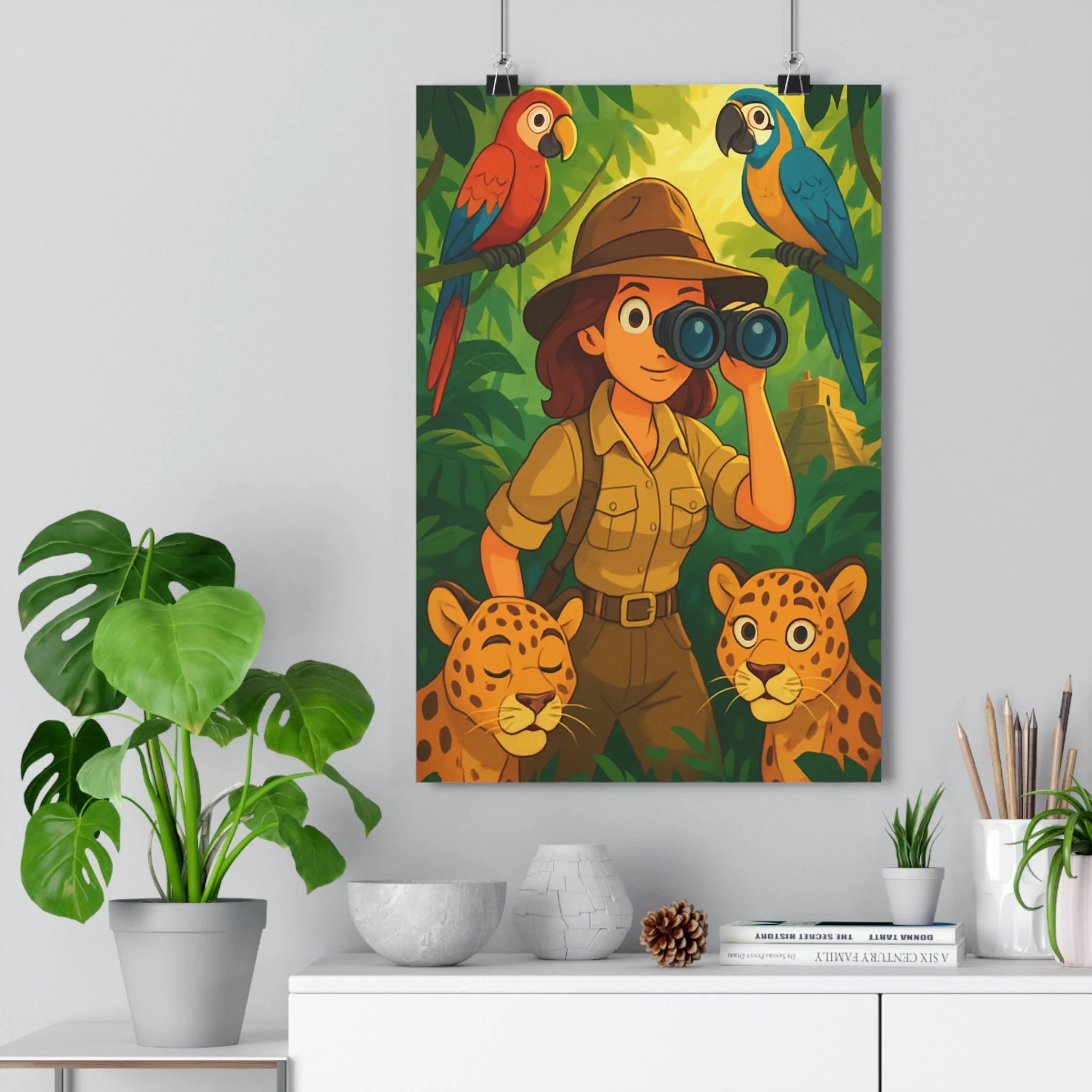 Poster décoratif aventure jungle animé vert jaune excitant salon chambre exploratrice jaguar perroquet structure