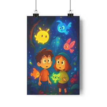 Poster enfants forêt nuit créatures lumineuses végétation dense arbres bleu jaune orange mystère magie cartoon enchantée chambre salon