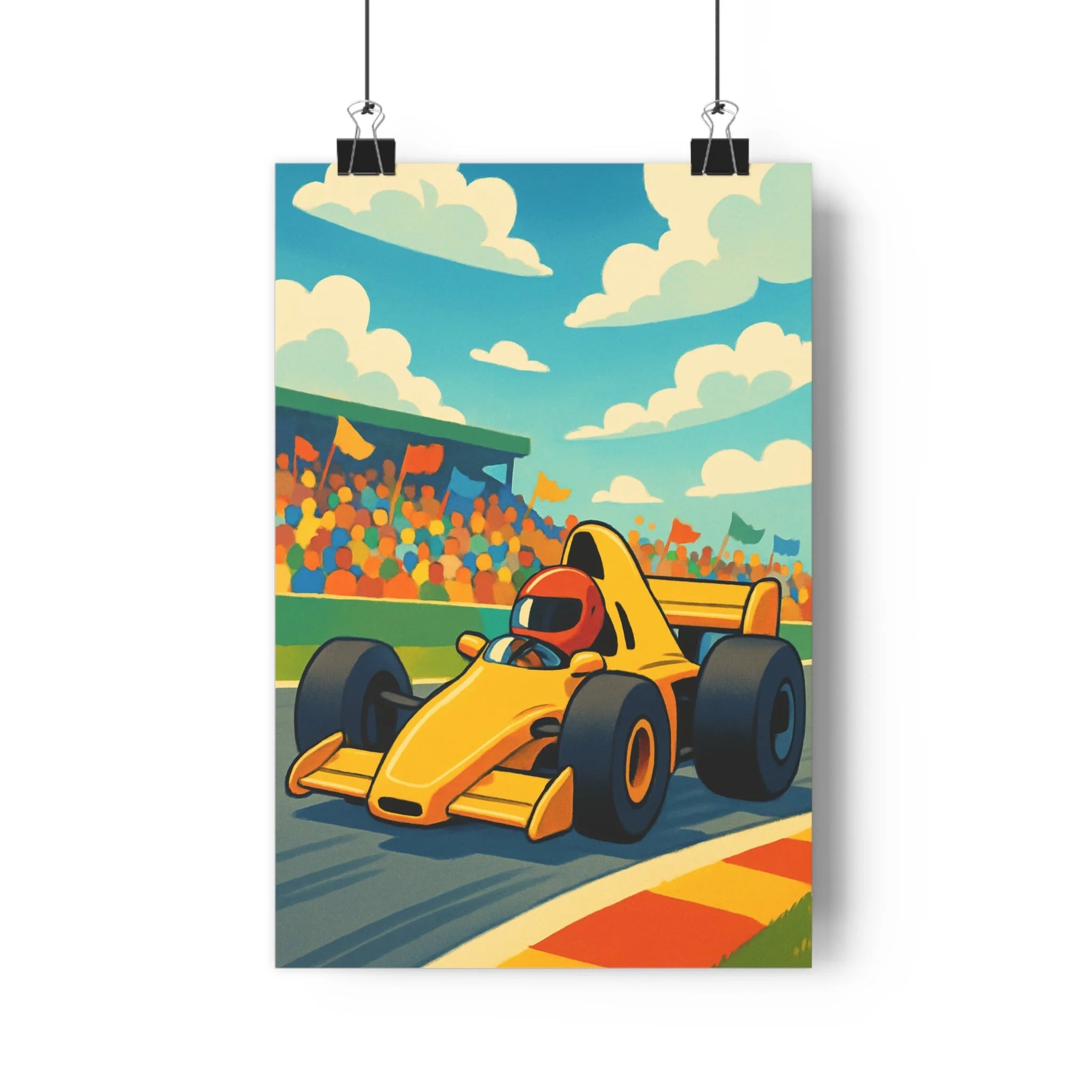 Poster décoratif voiture course jaune rétro cartoon dynamique joyeux salon bureau vibrant art coloré