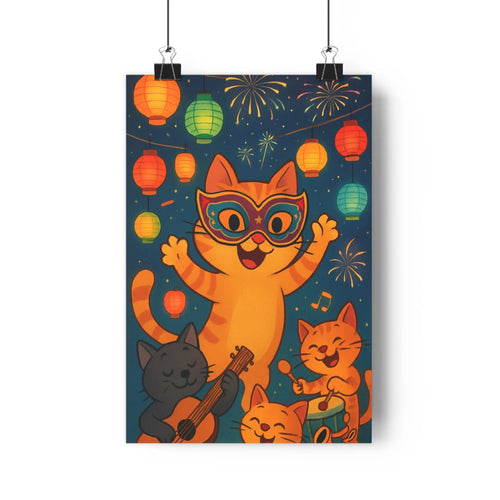Poster chat masque musique instruments fête lanternes feux d artifice nuit couleur joyeuse cartoon expression festive chambre salon enfants vibrant
