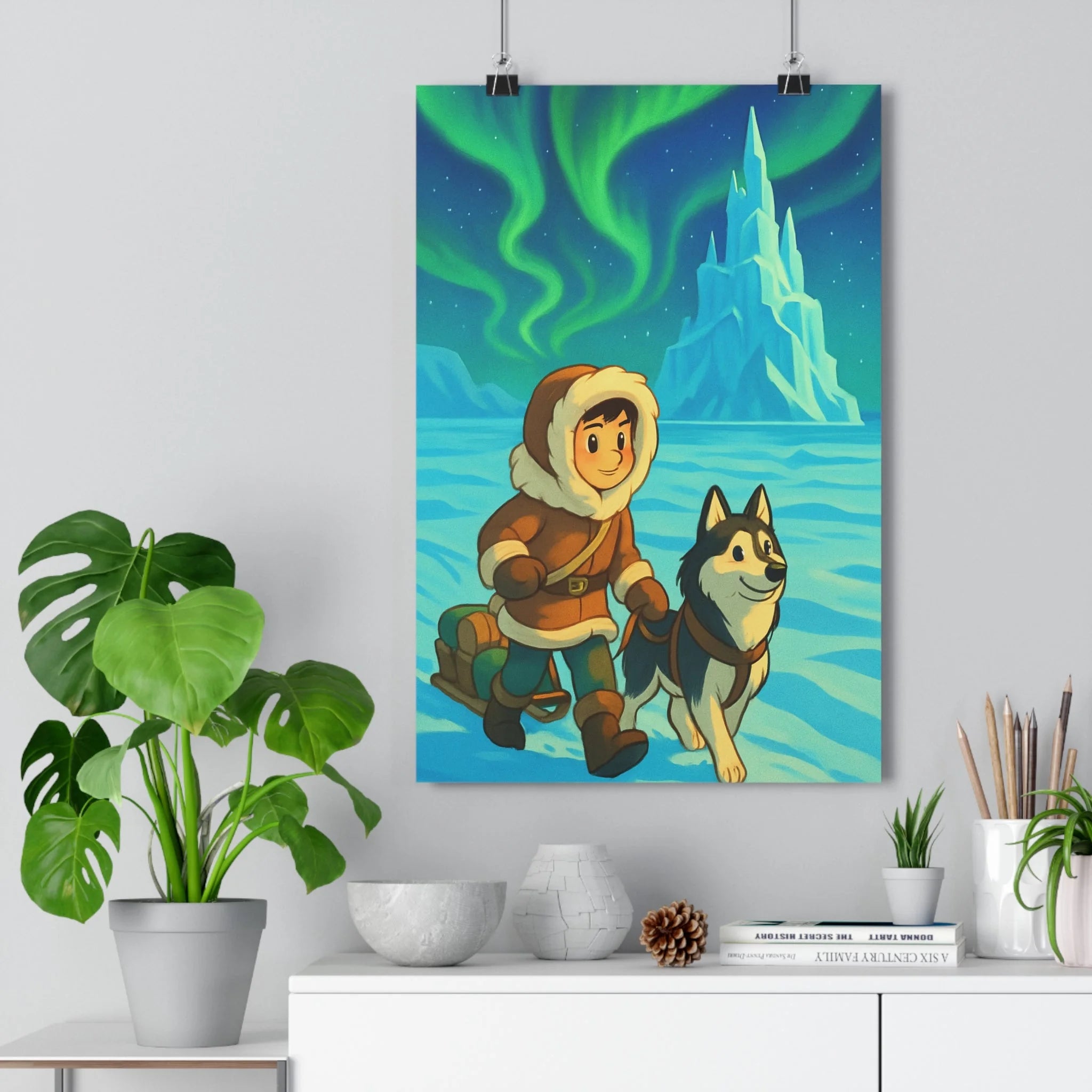 Poster décoratif cartoon bleu vert aventure explorateur chien paysage glacé chambre salon enfant unique