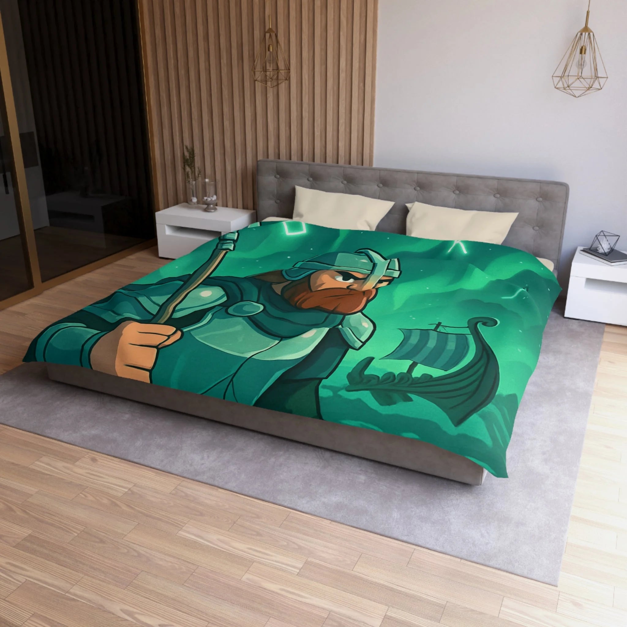 Housse de Couette Viking Vert Émeraude avec Guerrier et Aurores Boréales pour Chambre