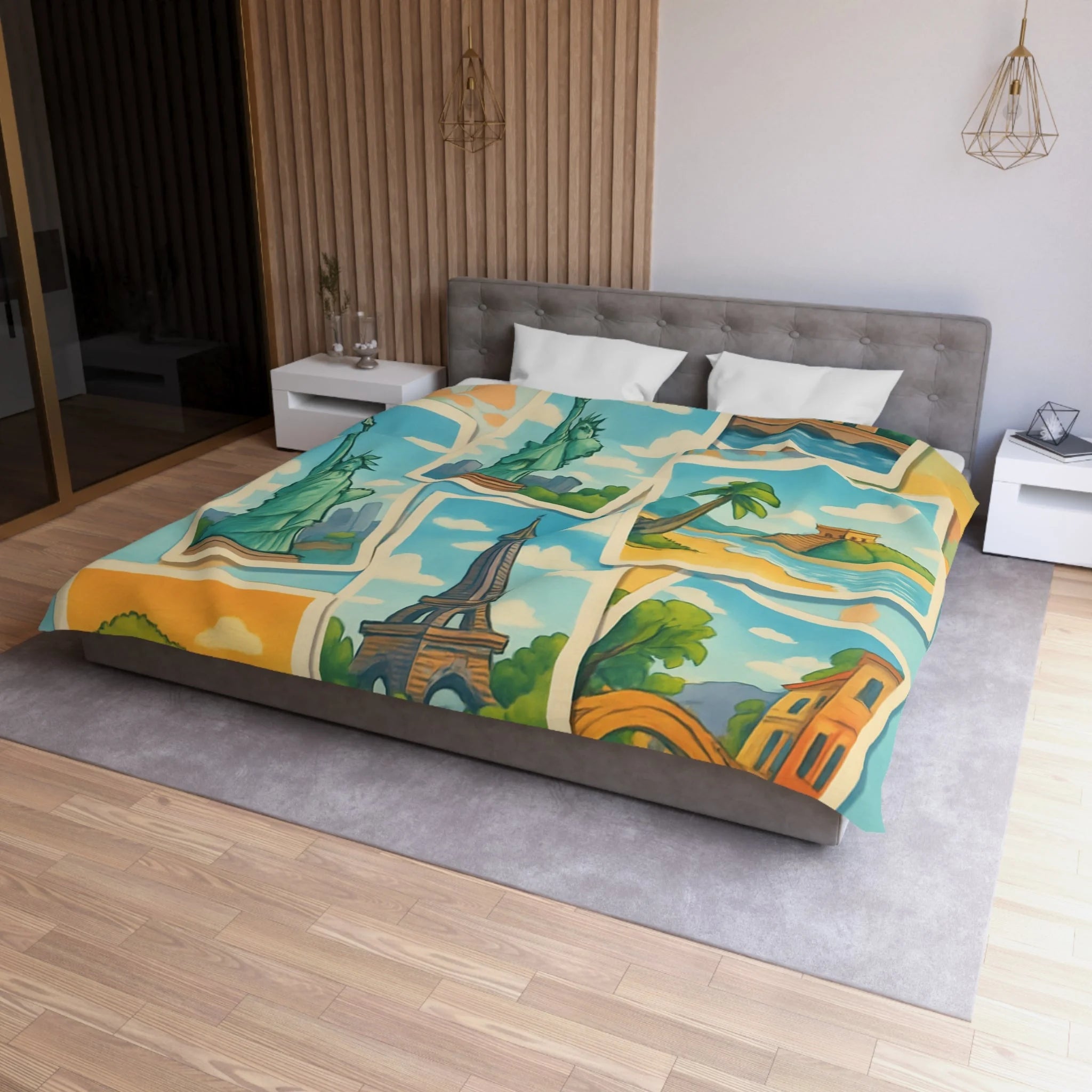 Voyage Mondial Coloré: Housse de Couette avec Monuments et Paysages Iconiques des Continents