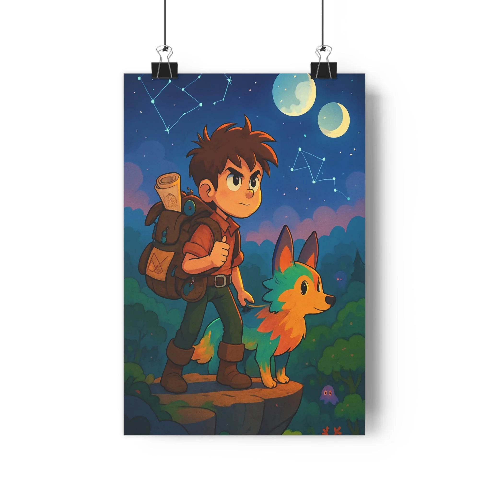 Poster décoratif aventurier mystique chien étoiles constellations coloré aventure chambre anime format 30x46 cm