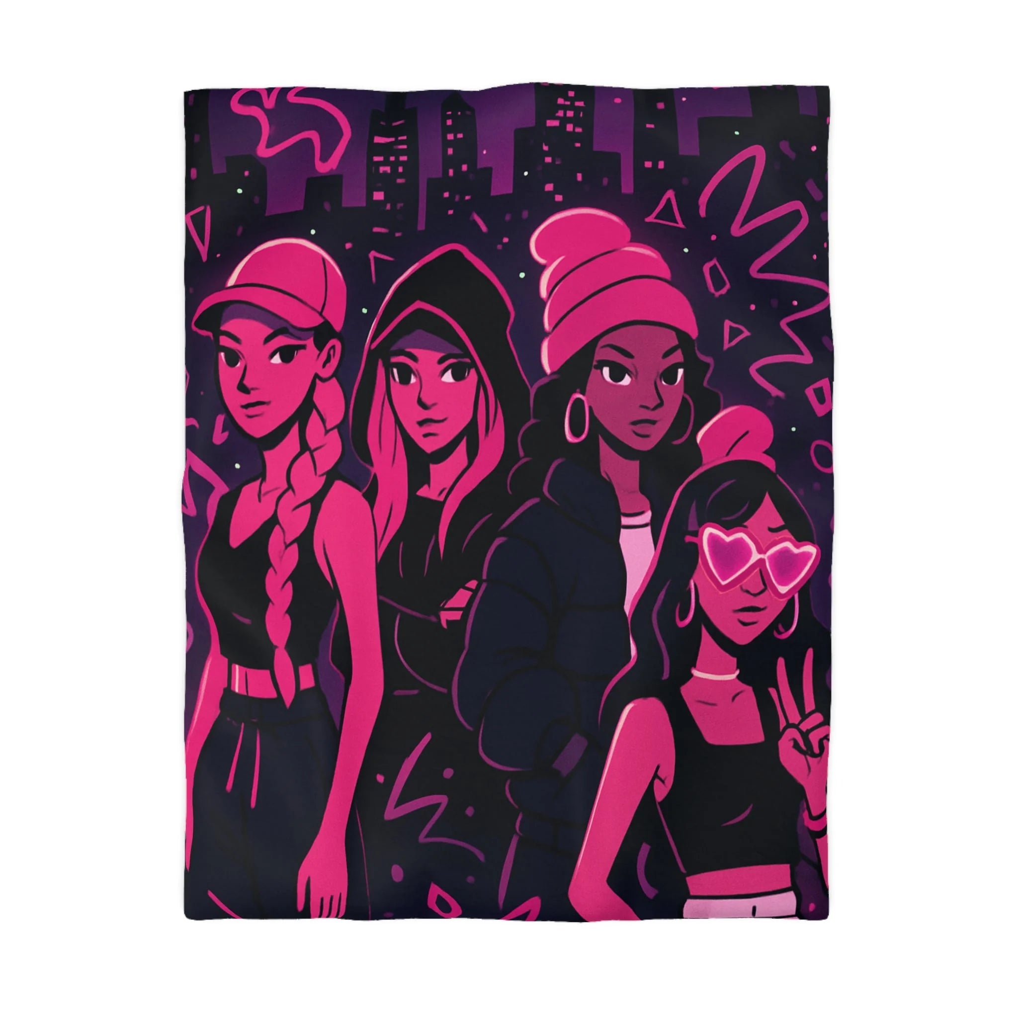 Housse de couette urbaine avec silhouettes féminines et motifs fluorescents nuit étoilée