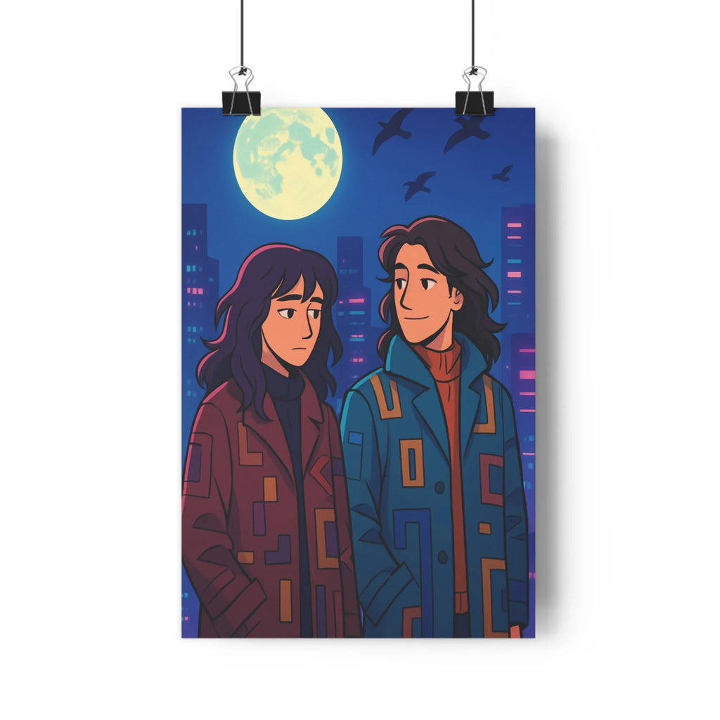 Poster décoratif dessin animé géométrique mystérieux urbain lumineux nocturne chambre salon moderne vibrant personnages