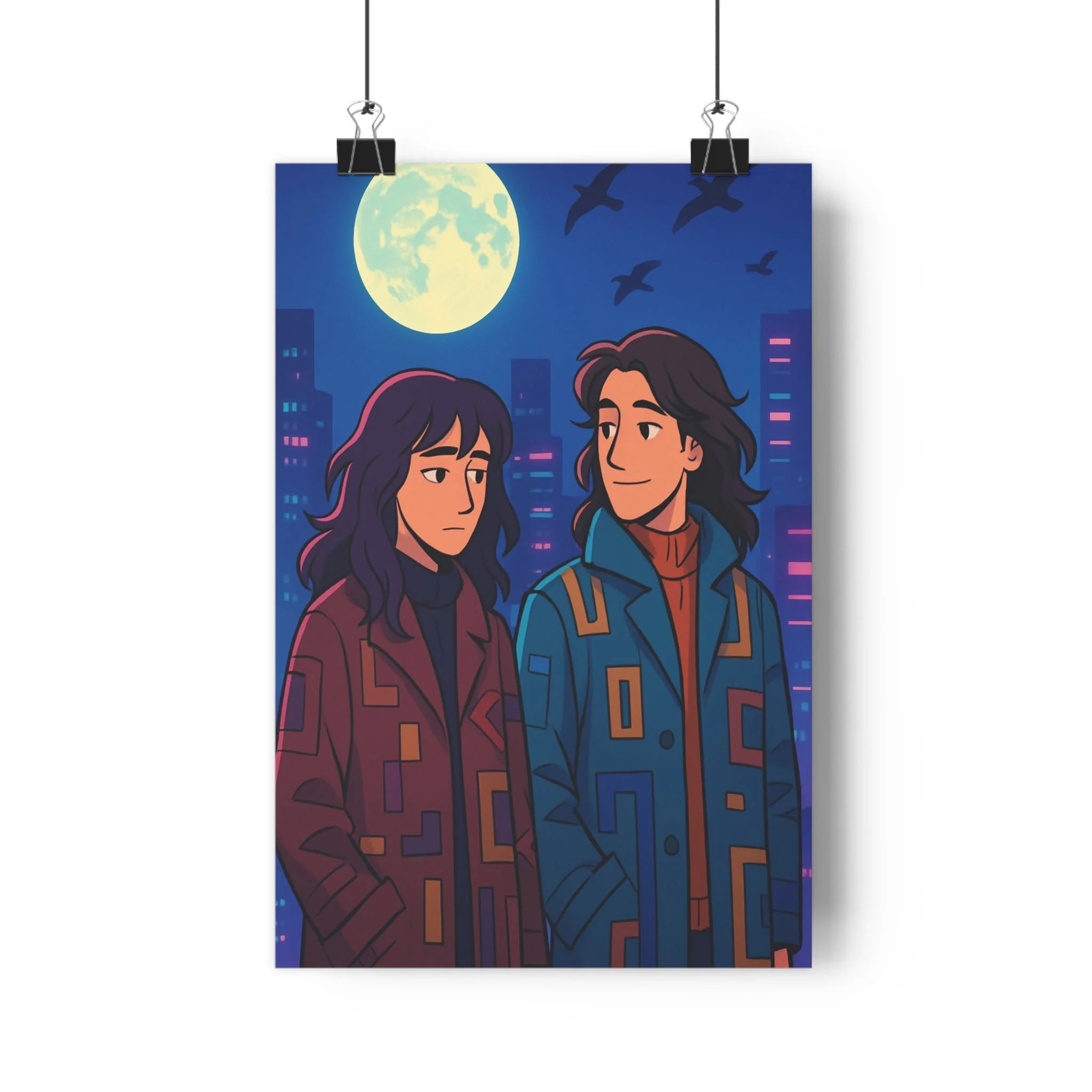 Poster décoratif dessin animé géométrique mystérieux urbain lumineux nocturne chambre salon moderne vibrant personnages