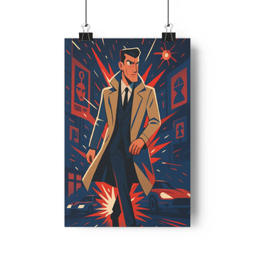 Poster homme manteau beige cravate noire fond bleu rouge tension collision voitures symbols géométriques fenêtres ambiance urbaine moderne dynamique
