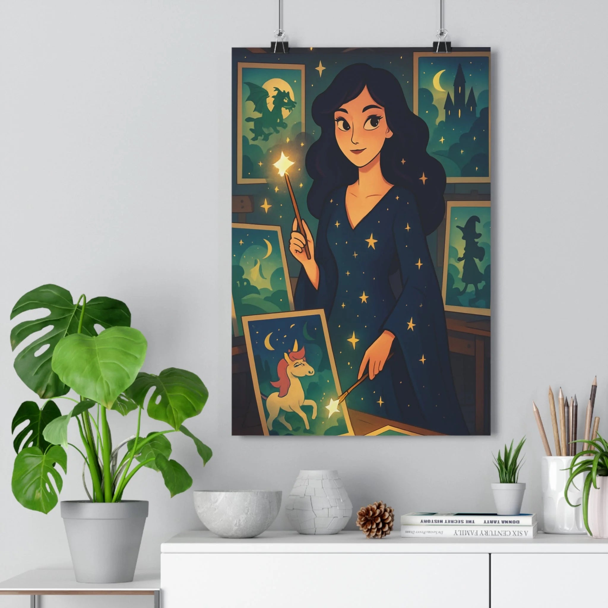 Poster décoratif féérique pastel mystique chambre enfant magique magicienne dragon château lune licorne baguette