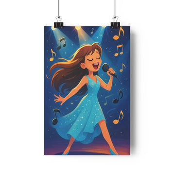 Poster chanteuse joyeuse microphone robe bleue points dorés cheveux bruns ciel nocturne notes musicales plante verte vase cône pin étagère