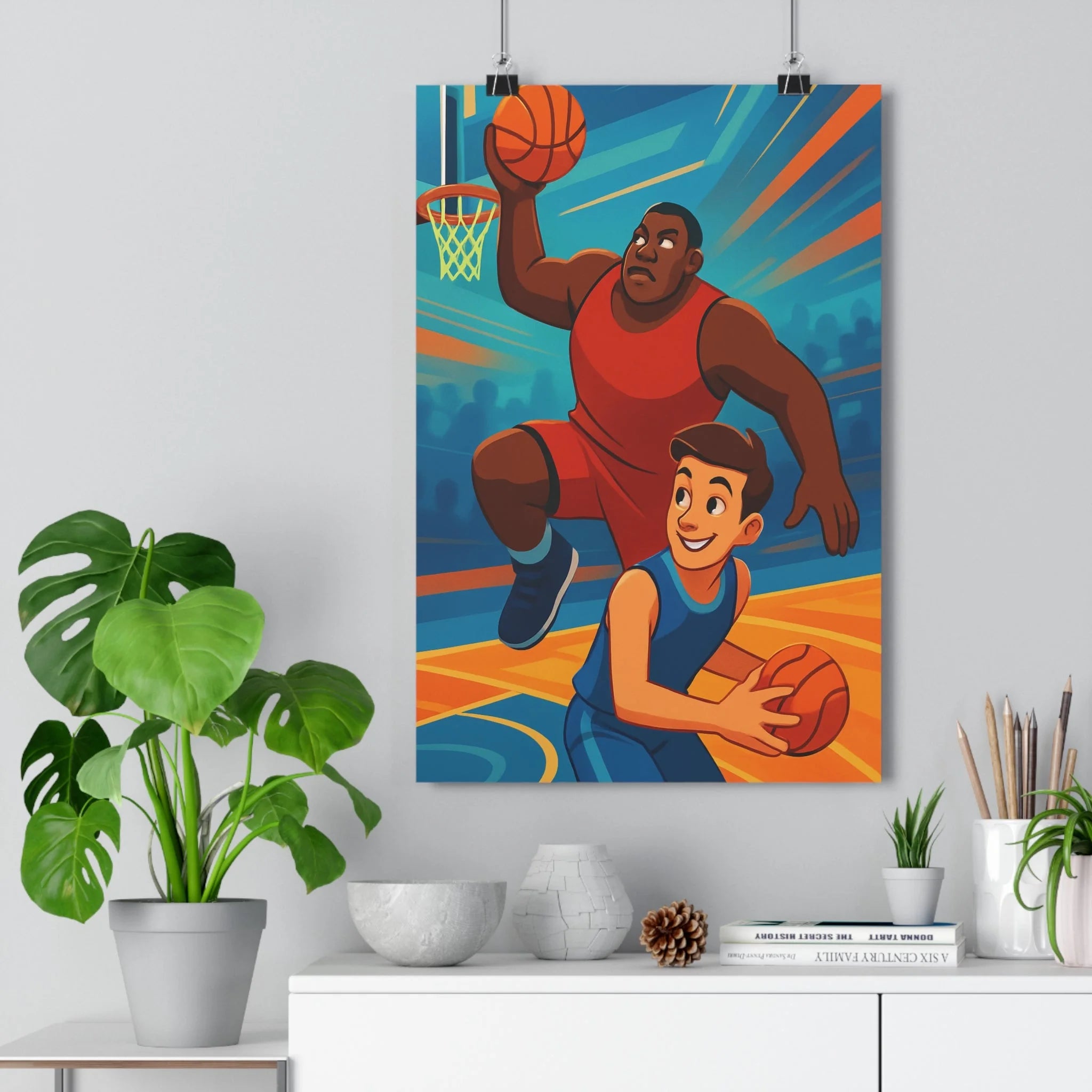 Poster décoratif cartoon basket moderne rouge bleu dynamique chambre salon sport enfants maison design