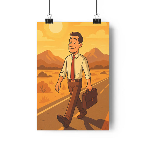 Poster homme élégant valise route déserte montagnes coucher soleil chemise blanche cravate rouge pantalon brun paysage buissons plantes en pot