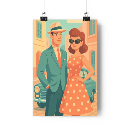 Poster élégant couple voiture vintage rue animée façades colorées volets ouverts ambiance urbaine festive cravate vert robe pois lunettes soleil
