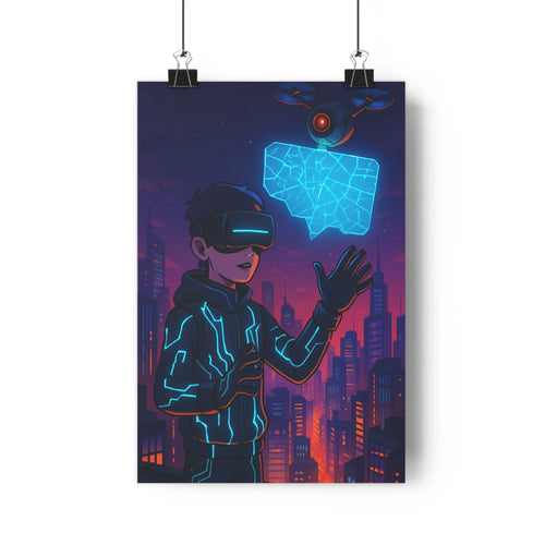 Poster futuriste homme vr hologramme ville nuit rouge violet minimaliste technologie immersif chambre salon