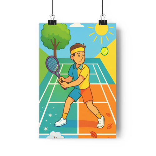 Poster tennis action joueur raquette balle cour arbre ciel nuages soleil couleur joyeuse simple cartoon dynamique sportif salon chambre
