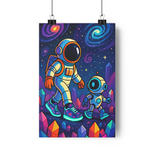 Poster astronaute robot cristaux planète ciel étoilé spirales bleu violet ombres douces style moderne ambiance futuriste exploration chambre enfants