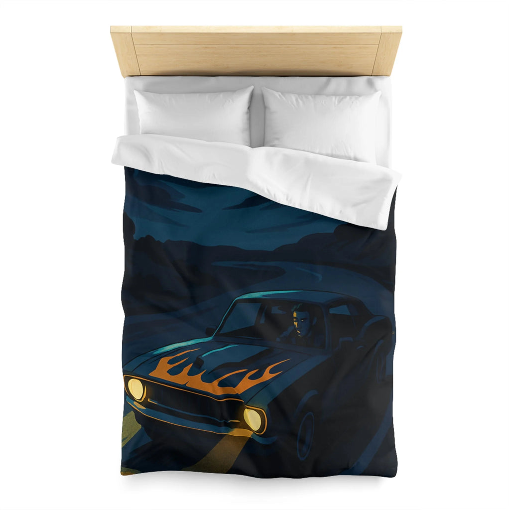 Housse de couette vintage voiture nocturne avec lune et flammes sur capot