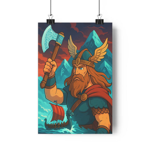 Poster épique guerrier viking hache navire couronne ailes tunique cuirasses montagnes mer agitée ciel rouge noir ambiance mystérieuse puissante chambre