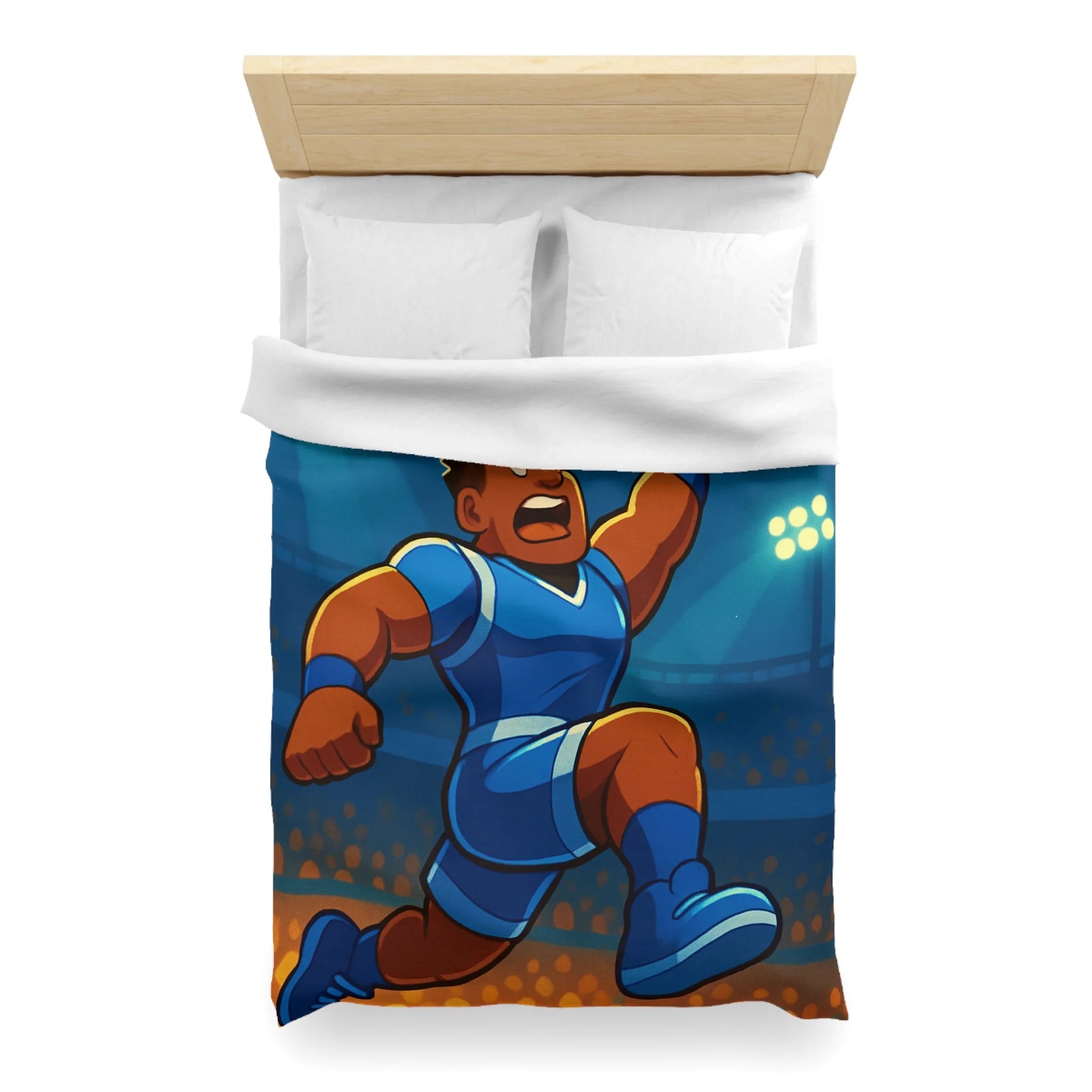 Housse de couette sportive illustrée avec joueur de basketball dynamique et ballon lumineux