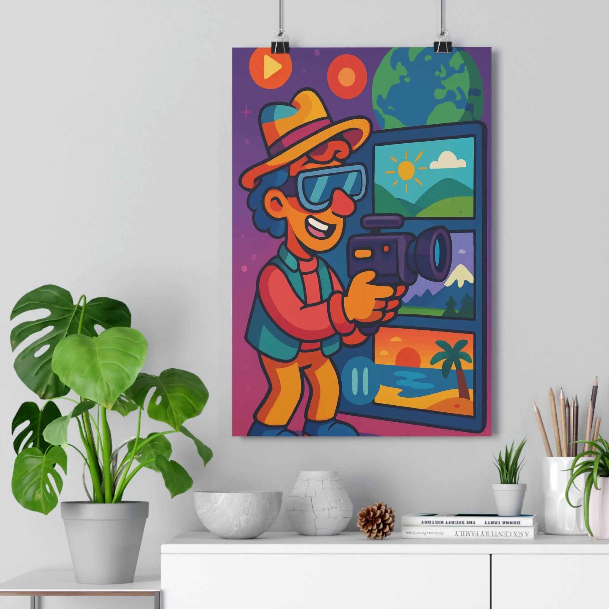 Poster décoratif créatif paysage bleu jaune salon moderne joyeux vidéaste montagne vibrant dynamique chambre