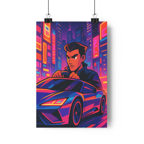 Poster homme voiture sportive ville futuriste néons bleus rouges oranges manteau noir concentration fluidité contours lumineux ambiance vibrant chambre salon