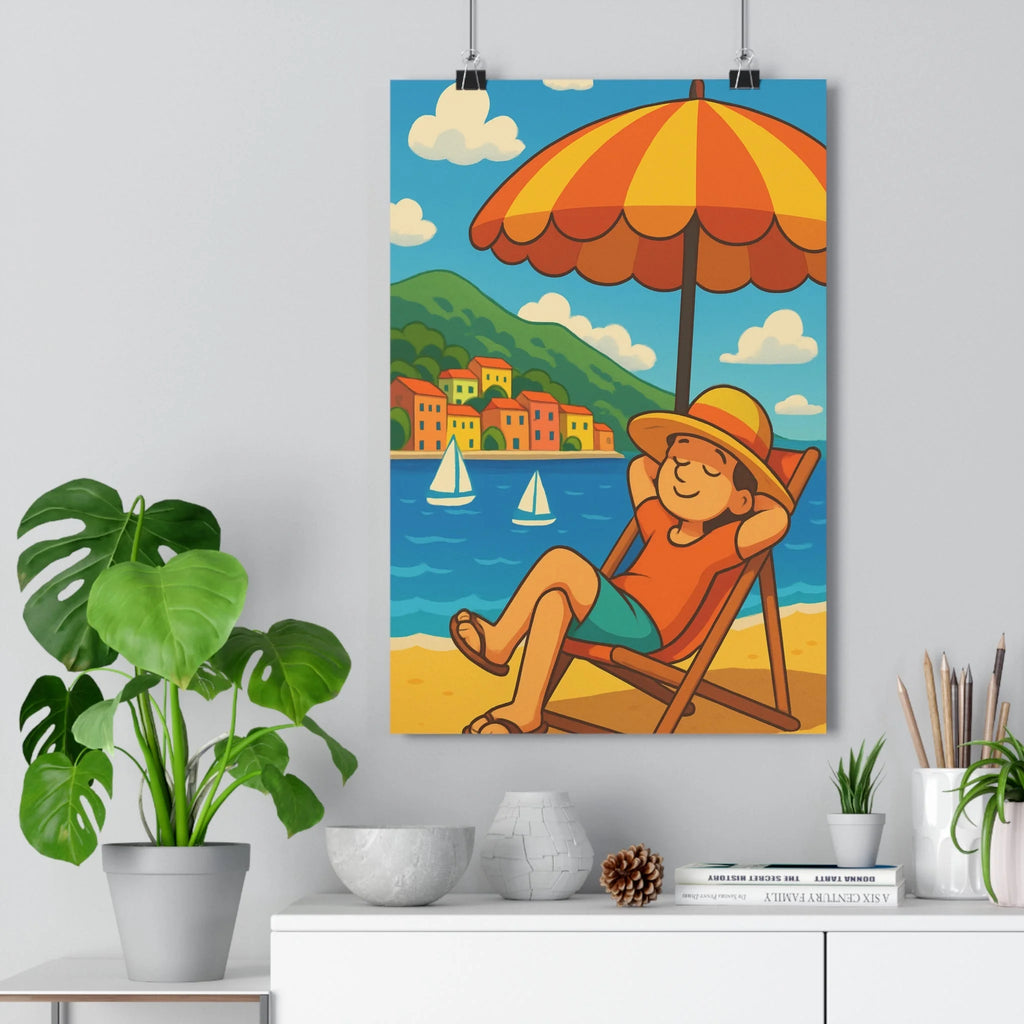 Poster décoratif pastel plage mer bleu jaune cartoon joyeux salon bureau moderne détendu élégant