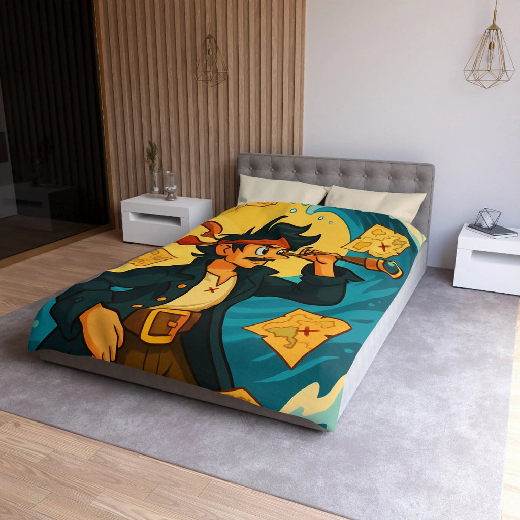 Housse de Couette Pirate pour Chambre Adulte avec Carte Trésor et Vagues Océaniques