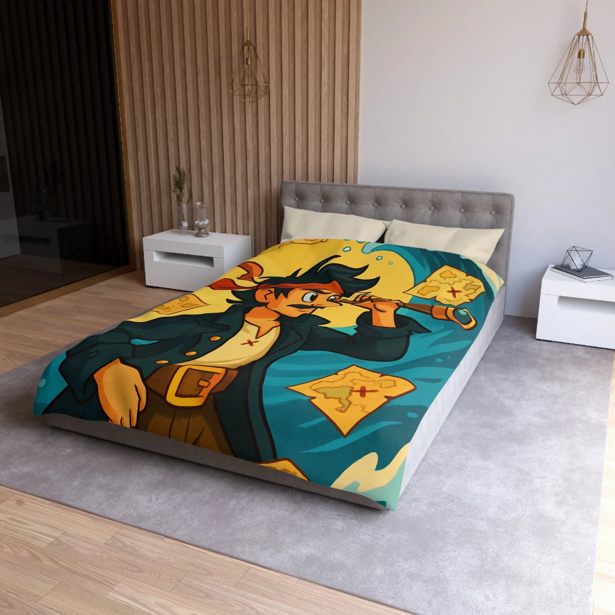 Housse de Couette Pirate pour Chambre Adulte avec Carte Trésor et Vagues Océaniques